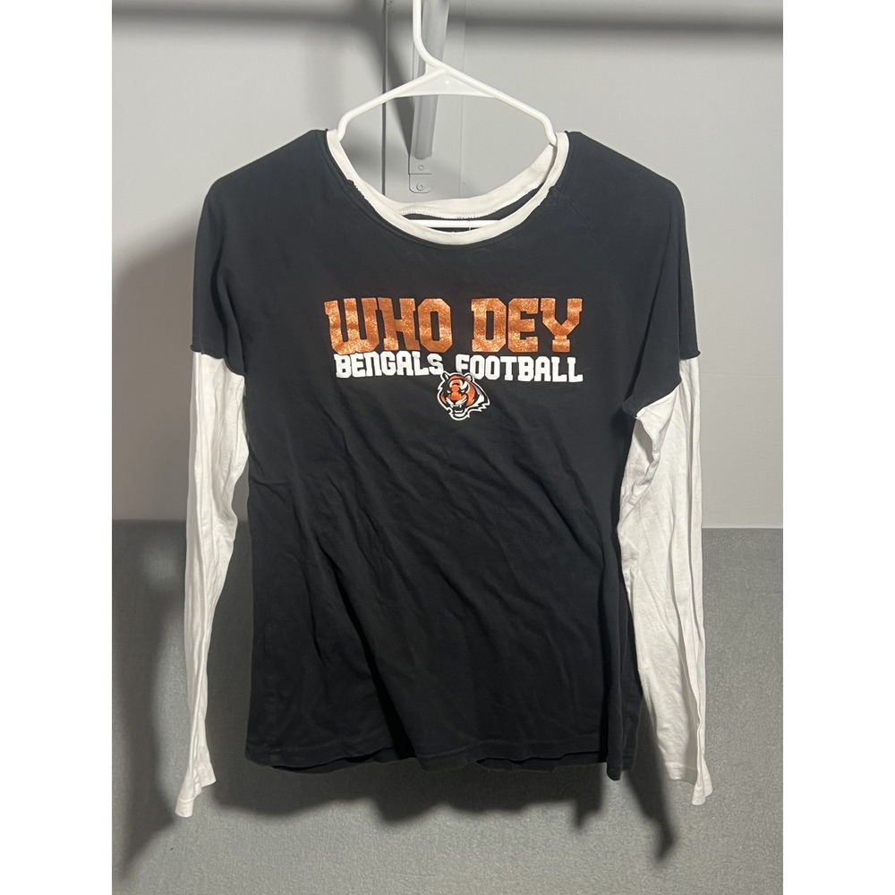 Reebok Women's L Black White Layered Long Sleeve WHO DEY Bengals Football Shirt